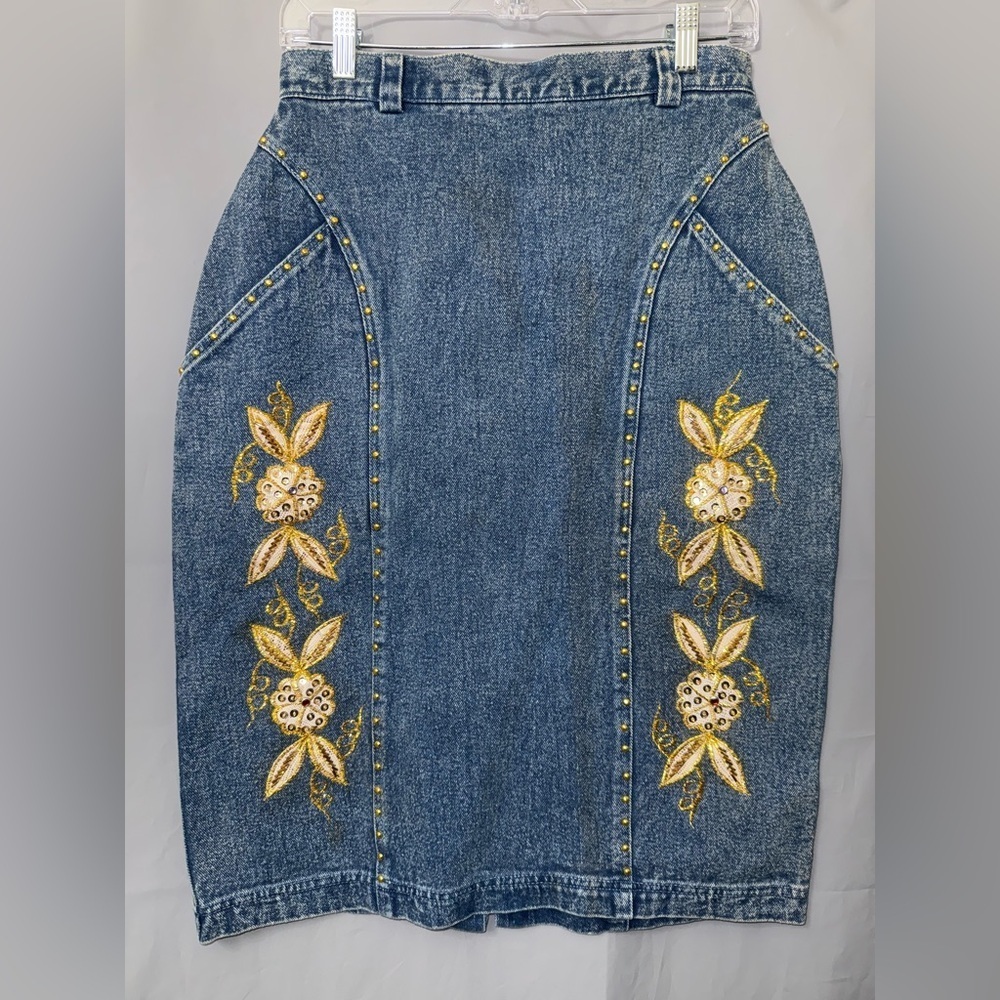 VINTAGE SUNE DE EMBROIDERED DENIM SKIRT 100% COTTON SIZE L
